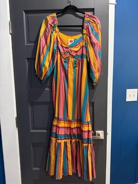 FARM Rio Rainbow Stripe Midi Dress | Stripe Maxi Dress in Yellow, Pink & Teal